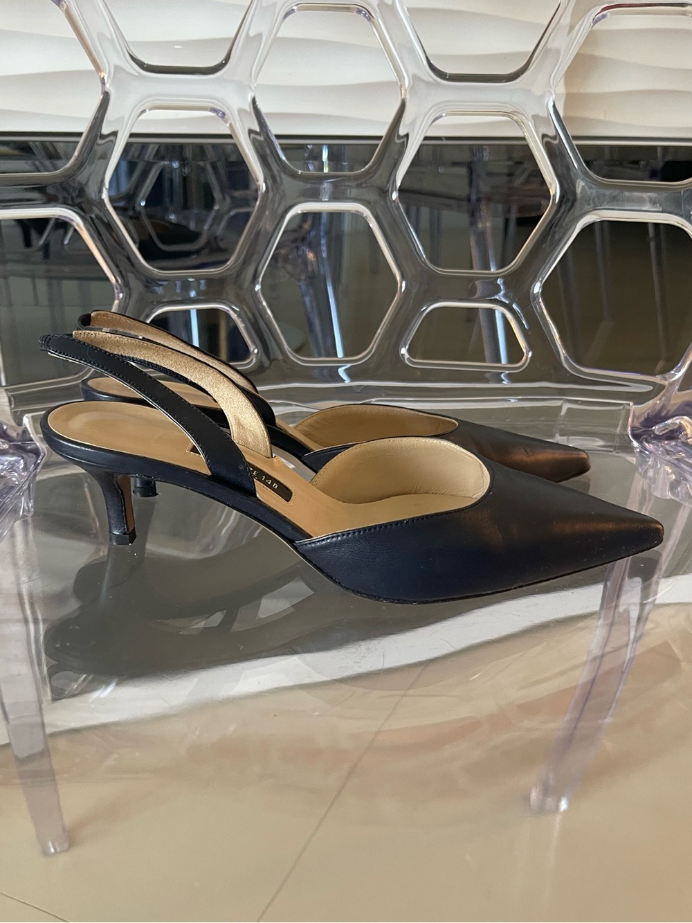 Lafayette 148 New York Dark Navy Pointed Slingback Kitten Heels Size 7.5